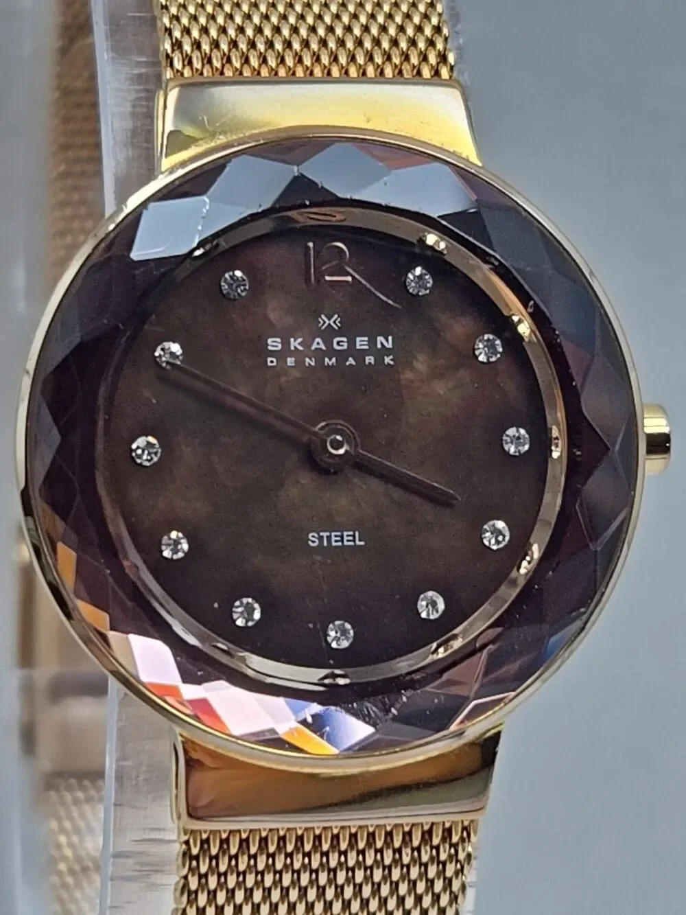 Skagen Leonora Faceted Crystal Rose Gold Mesh Watch Brown MOP New Battery